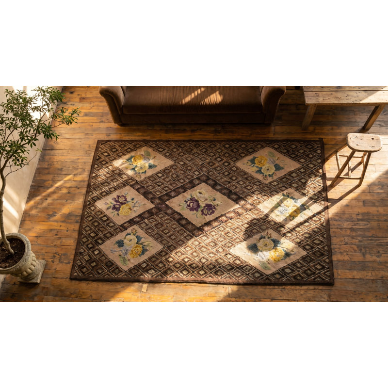Tapis gris à motif géométrique gris avec incrustations florales ivoire
