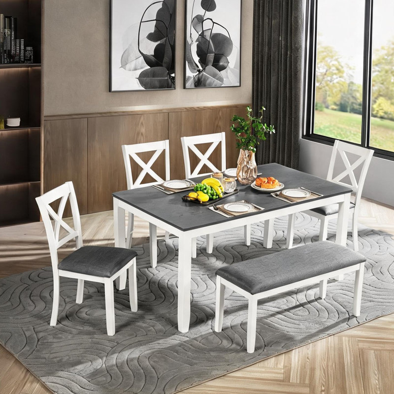 Ensemble de salle à manger moderne pour 6 personnes avec banc, blanc froid gris, cadre rectangulaire en bois massif, table de 58,5 po