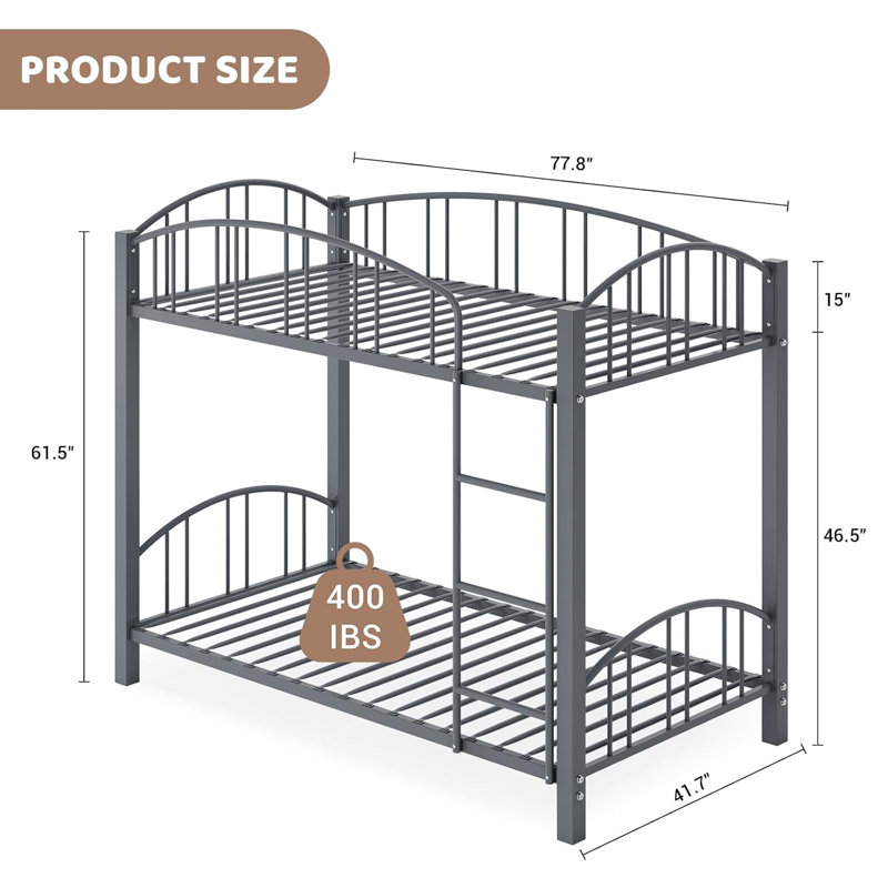 Twin Over Twin Metal Bunk Bed with Arched Guardrail and Safety Ladder, Heavy Duty Steel Frame for Kids, Boys, and Girls, Space-Saving Design, No Box Spring Needed, Modern Gray