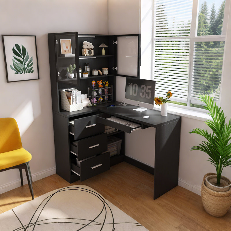 Ivy Bronx 47'' L-Shaped Computer Desk with LED Lighted Glass Hutch, 62'' High Corner Office Desk with 3 Drawers and Integrated Power Outlet