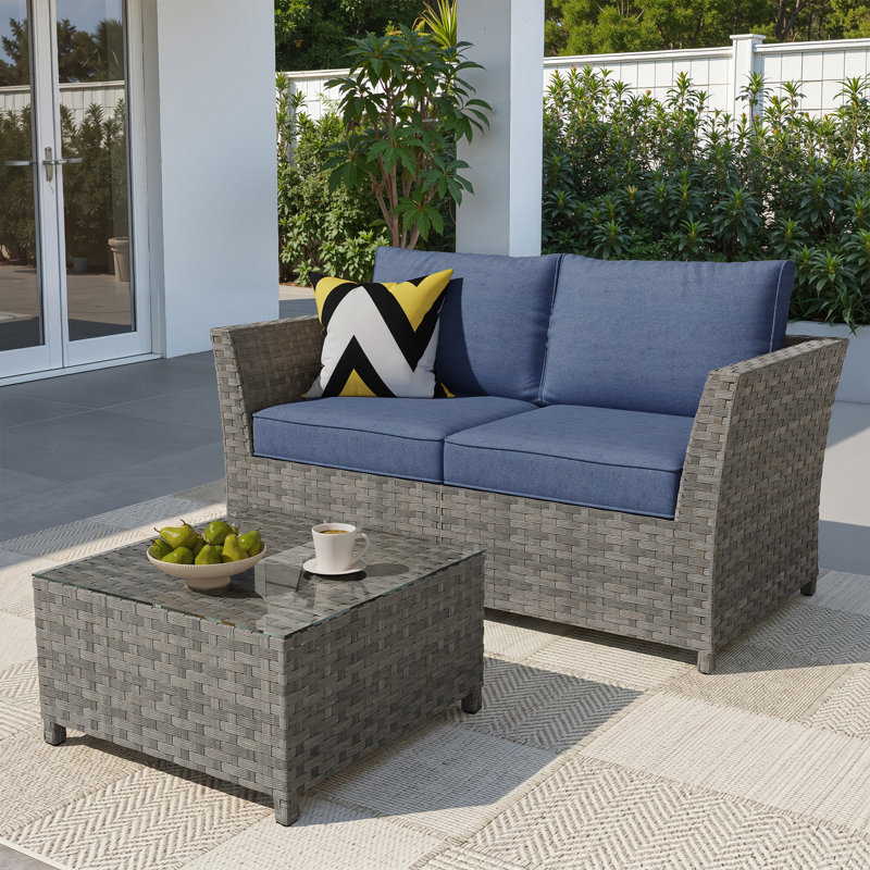 Canapé de patio modulaire en osier avec coussin et table basse, Demin Blue
