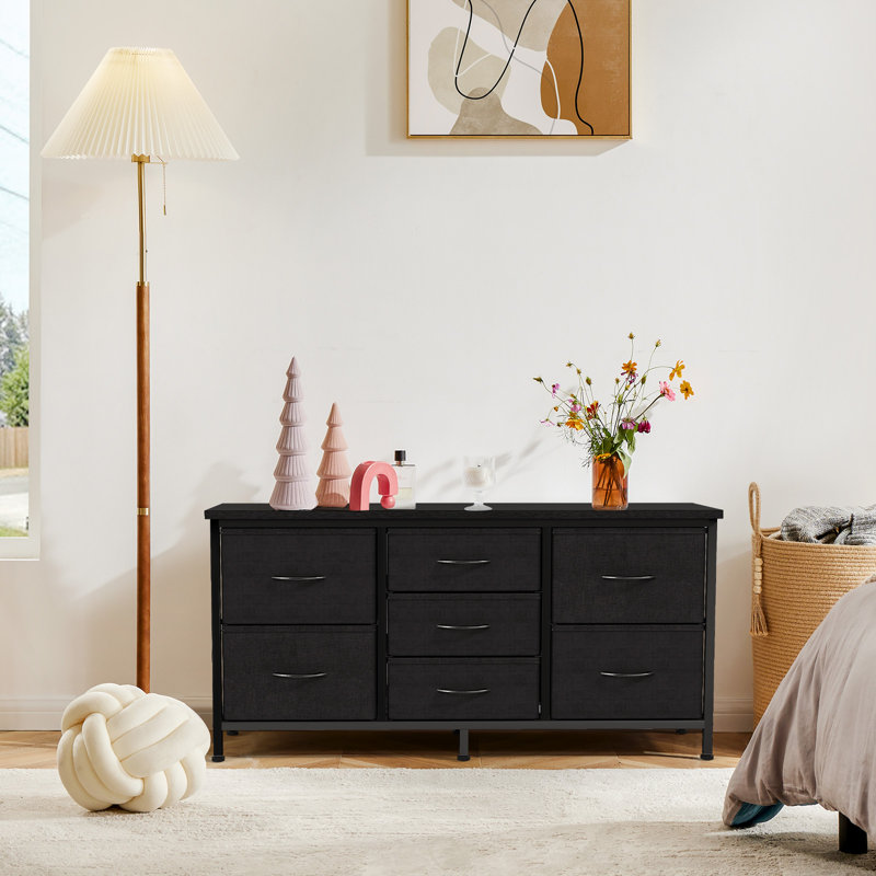 Commode avec 7 tiroirs en tissu, commode l 47,2 po avec plateau en bois, meuble télé pour téléviseur jusqu'à 55 po, rangement large, commode