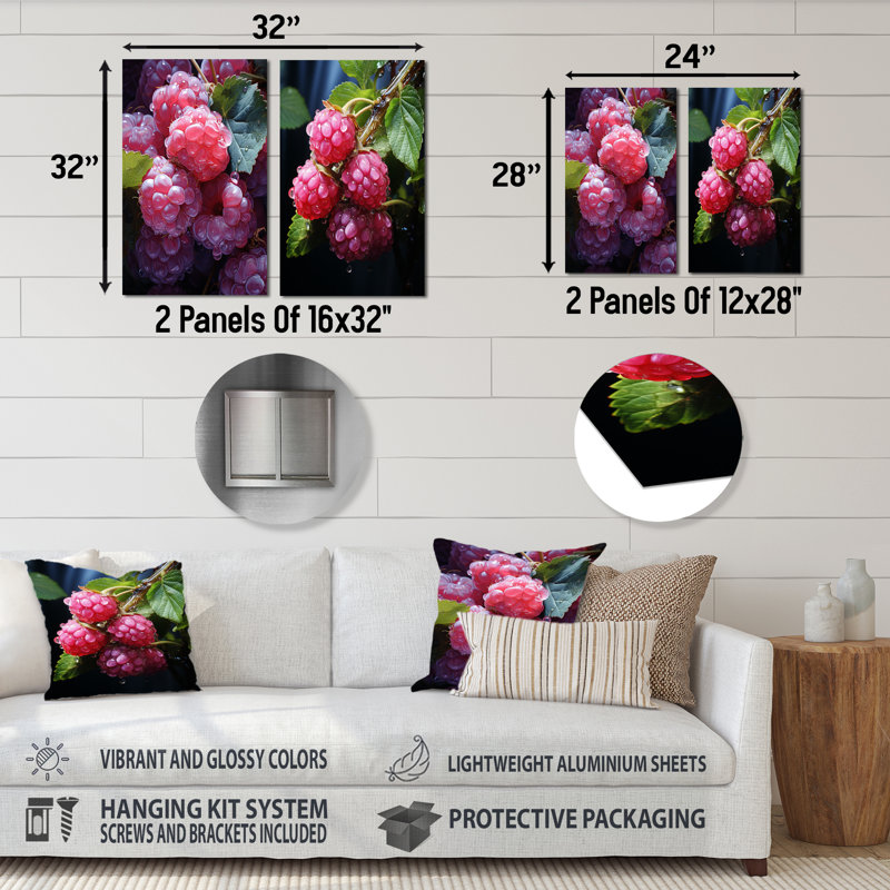 Lustrous Raspberry Radiance I - fruits, ensemble de 2 reproductions d'art en métal, H 32 po x l 32 po