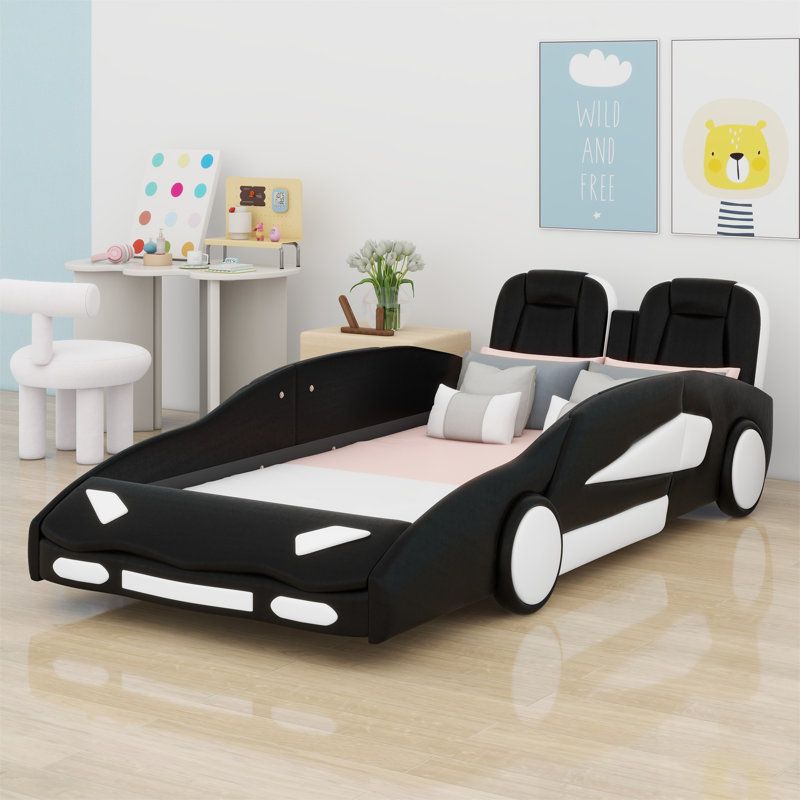 Race Car-Shaped Platform Bed With Wheels, Black