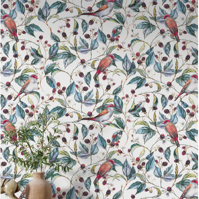 Papier peint baies sauvages et oiseaux