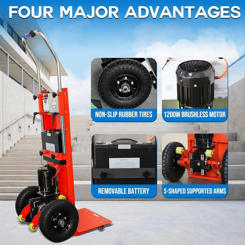 Chariot élévateur d'escalier électrique d'une capacité de 400 kg (880 lb) – Chariot motorisé robuste pour escaliers droits et courbes, transport de charges lourdes sans effort