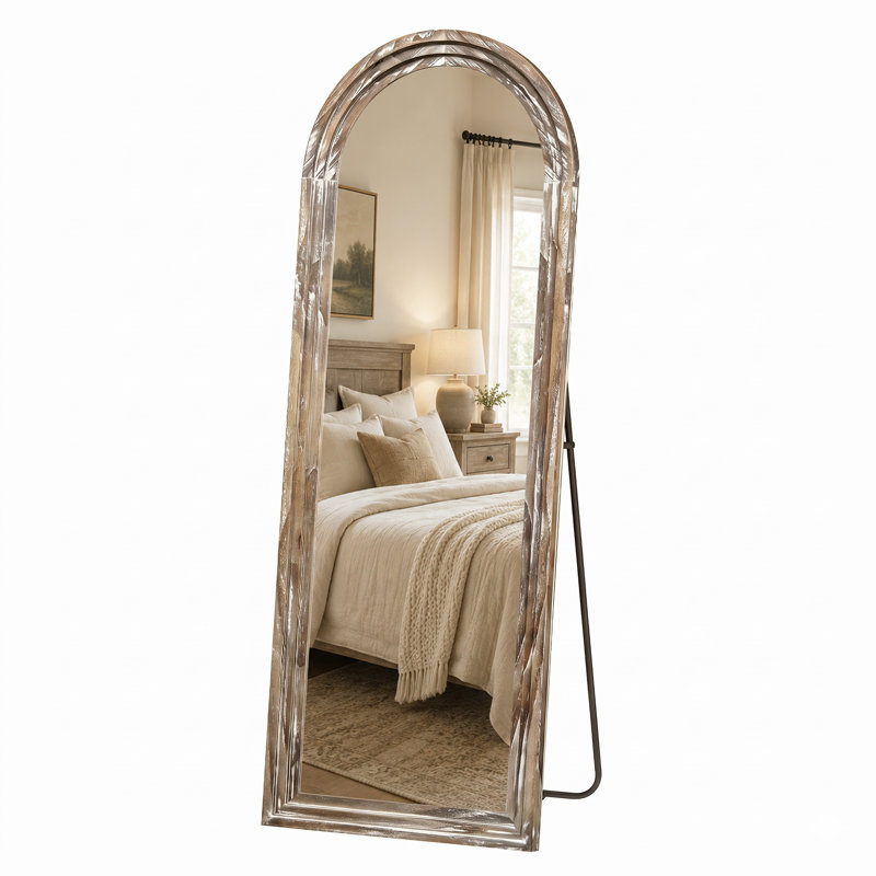 Arched Solid Wood Full Length Mirror, Antique White Wash