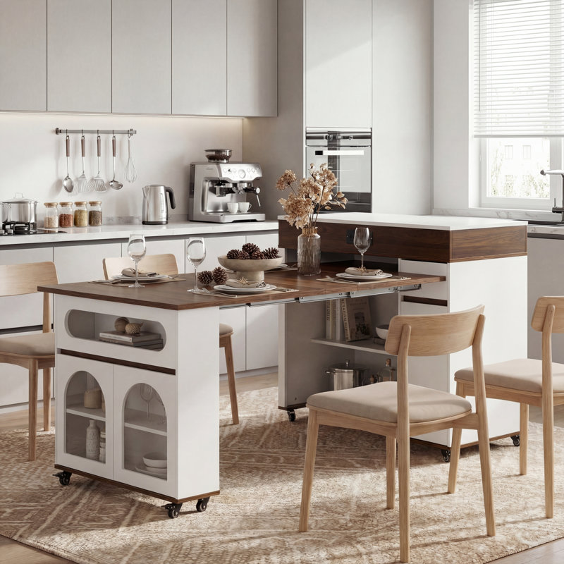 Extendable Rolling Kitchen Island Dining Table with Folding Top, Drawers, Power Outlet & Brake Lock, Storage Cabinet