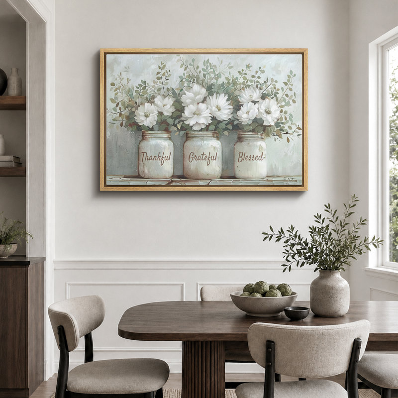 «Thankful Grateful Blessed Inspirational Green Floral Rustic Mason Jar», grande impression sur toile, H 24 po x l 36 po