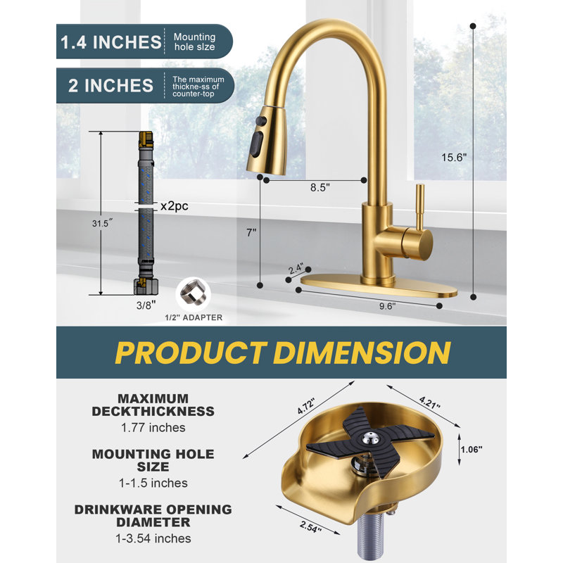 ARCORA Single Handle Stainless Steel Pull-Down Kitchen Faucet with Deckplate and Glass Rinser Combo, Gold