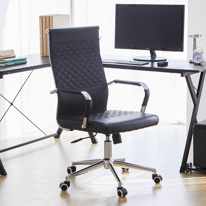 Executive Office Swivel Chair With Patterned Leather Back, Black