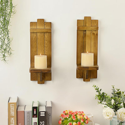 Ensemble de 2 appliques murales en bois en bois, porte-bougies suspendus brun, décorations murales de style campagnard, appliques de bougie suspendues rustiques pour salon, cheminée, salle à manger, chambre à coucher