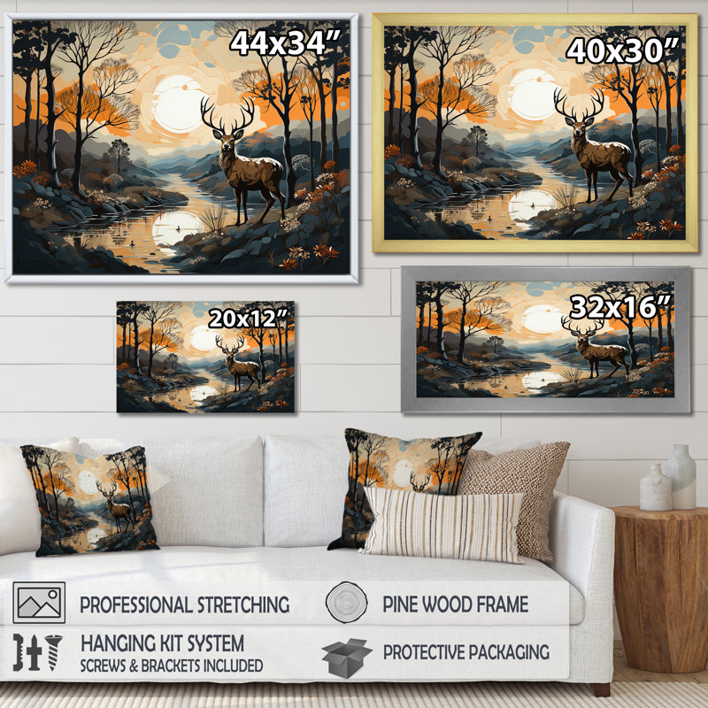 Chevreuil, charme minimaliste - impressions sur toile, cerf, Cadre simple argenté, H 34 po x l 44 po x P 1,5 po