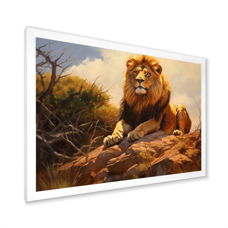 Lion en plein air II, reproduction d'art sur toile, Cadre simple blanc, H 24 po x l 32 po x P 1 po