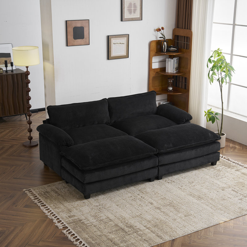 Shugar 90" W Corduroy Modular Sofa with Two Ottomans, Black