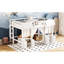 Lit mezzanine double en blanc avec rangement intégré, bibliothèque et rideau, barrières de sécurité, conception d'amusement, style loft, style chalet