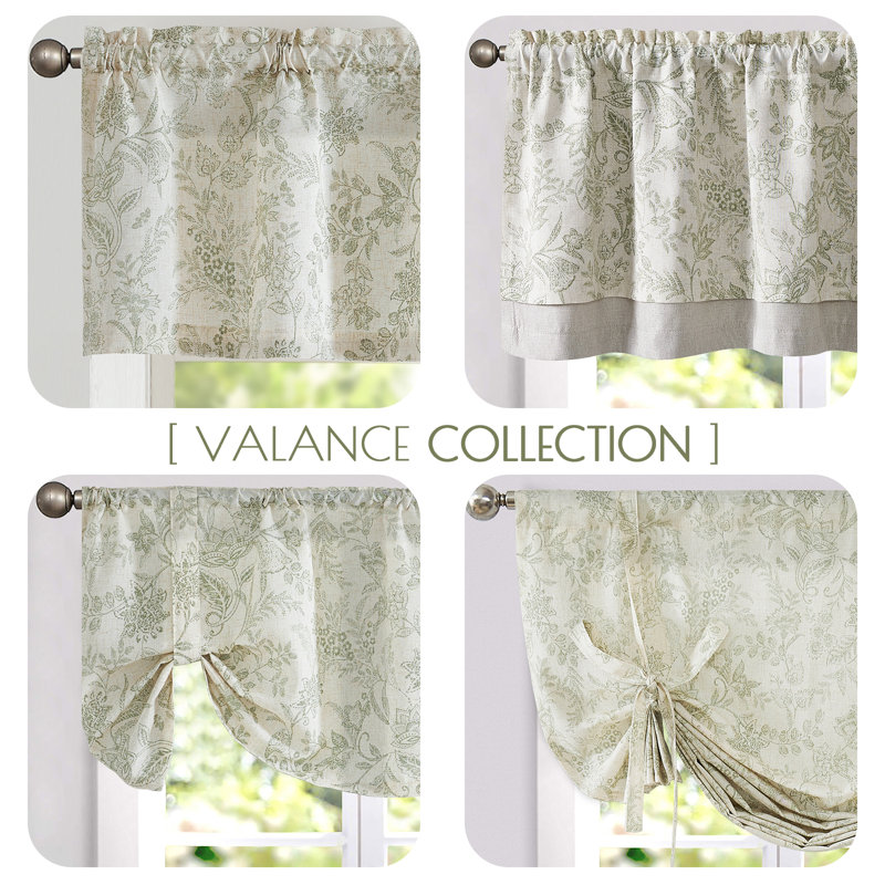 Linen Floral Valance Curtain Farmhouse Double Layer Valance, Green, 50" W x 18" L