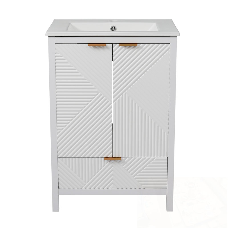 Meuble-lavabo avec lavabo, 2 portes texturées et un tiroir, Blanc