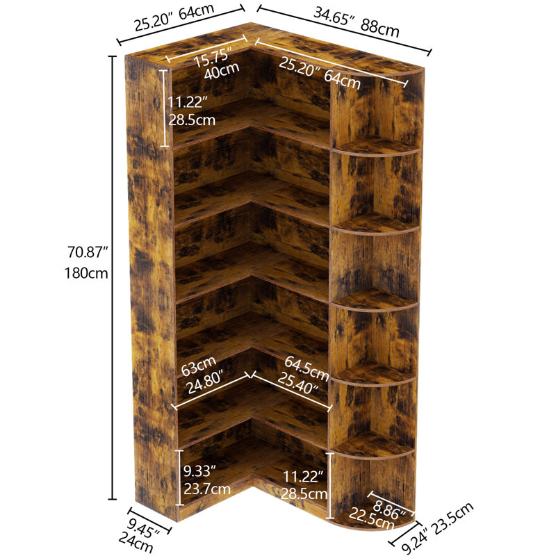 6 Tiers Corner Bookcase, Large Tall Modern Storage Display Industrial Book Shelf