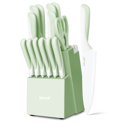 Hecef 15-Piece Kitchen Knife Block Set, High Carbon Stainless Steel, Non-Stick Coating, Ergonomic Handles, Colourful Modern Design, Gift-Ready for Home Cooking