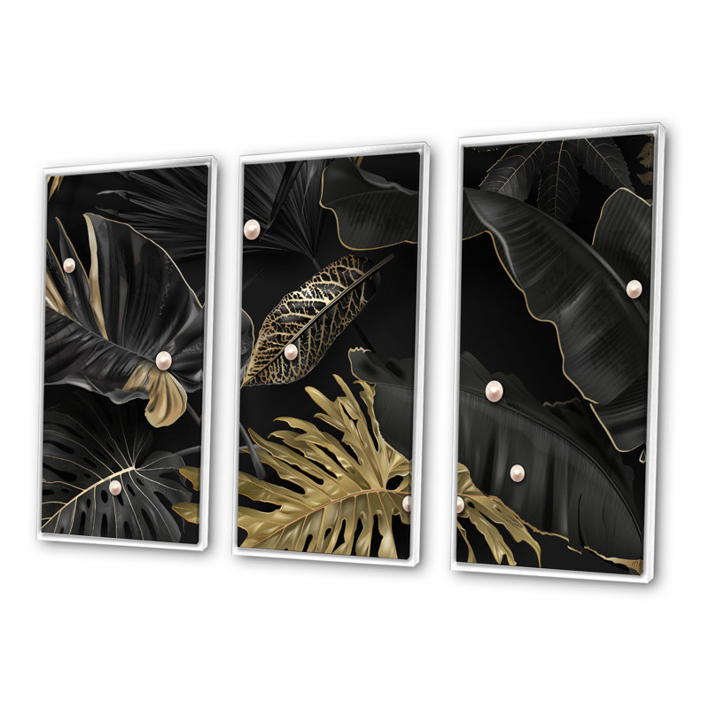 «Black and Gold Tropical Leaves III», 3 pièces, cadre flottant, impression sur toile, H 20 po x l 36 po, Cadre blanc