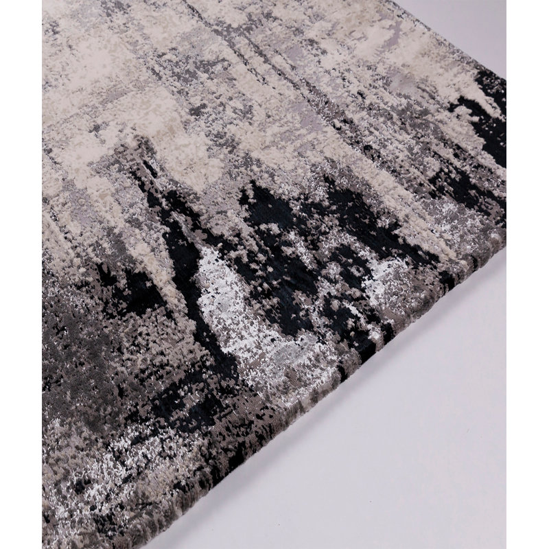 Tapis gris / noir en polyester touffeté à la main Abstract, Rectangle 6 pi 7 po x 9 pi 6 po