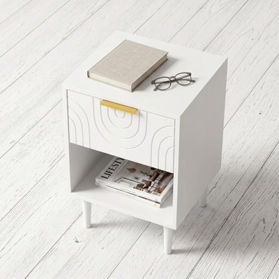 Modern White Nightstand with Gold Accent Handle – 22.83" Bedside Table with One Drawer & Open Shelf, Compact End Table for Bedroom, Small Space Friendly