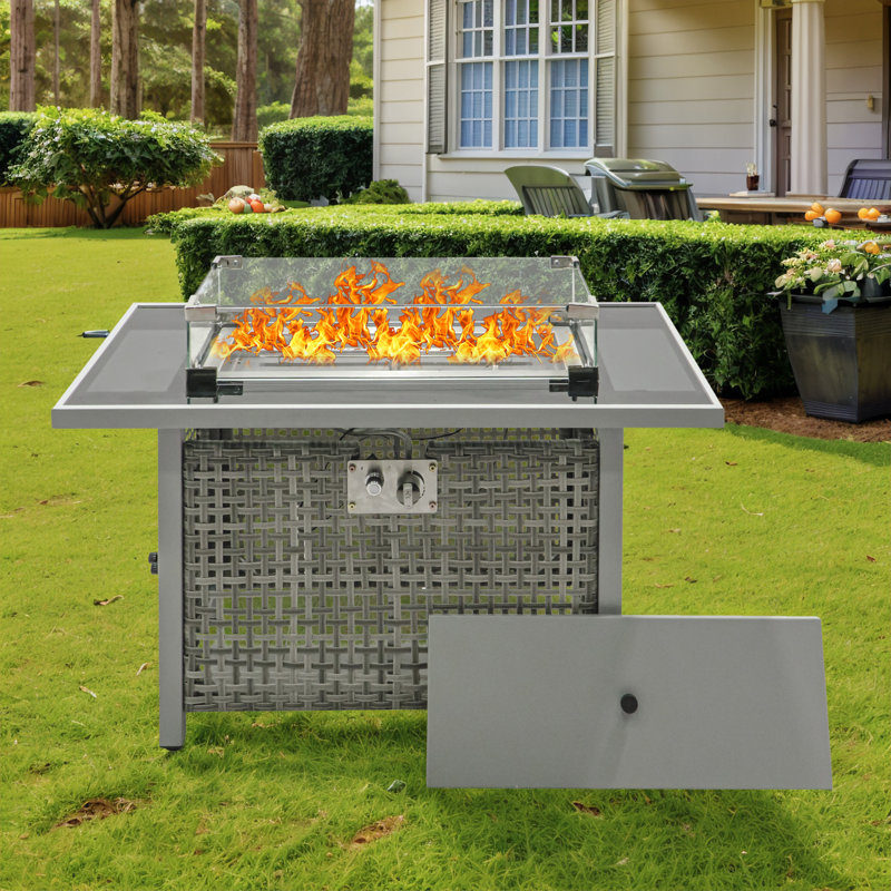Outdoor Propane Fire Pit Table With Lid And Glass Wind Guard, Gray