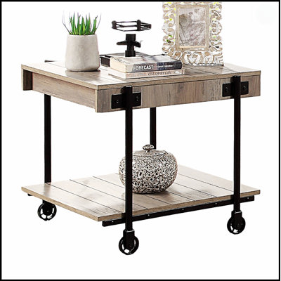 Industrial Style End Table With Open Bottom Shelf, Replicated Wood Design, And Wheel Legs For Rustic Charm And Functionality.