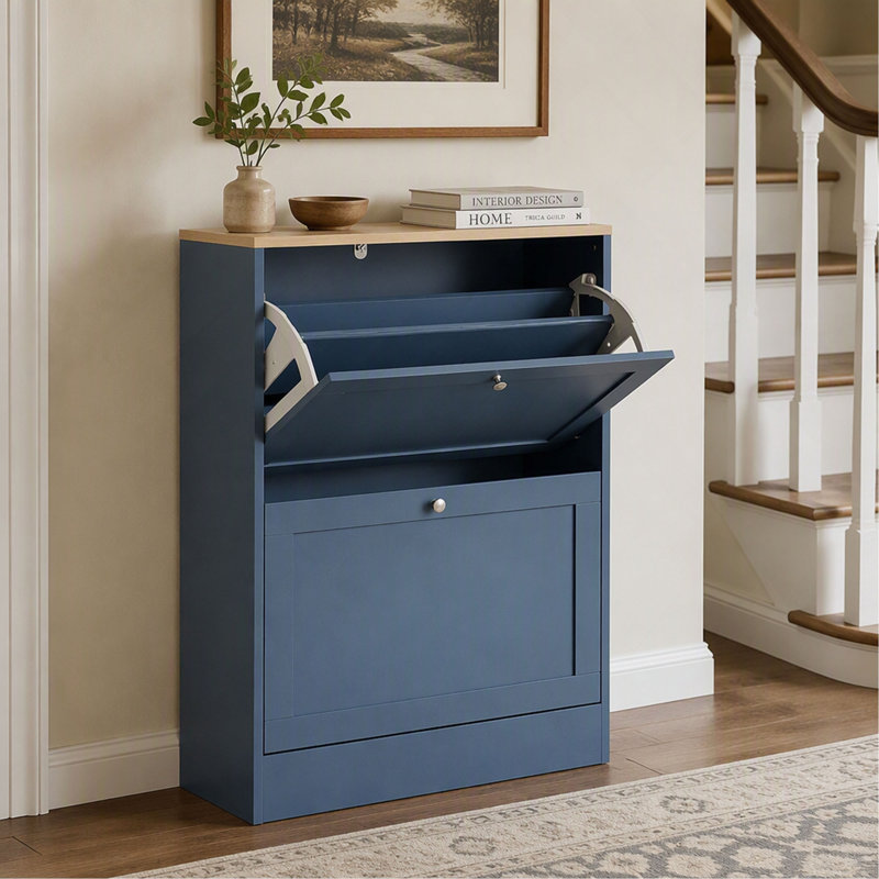 Rangement à chaussures moderne et discret avec meuble d'entrée mince pour couloir et salon, Blue,Light Oak