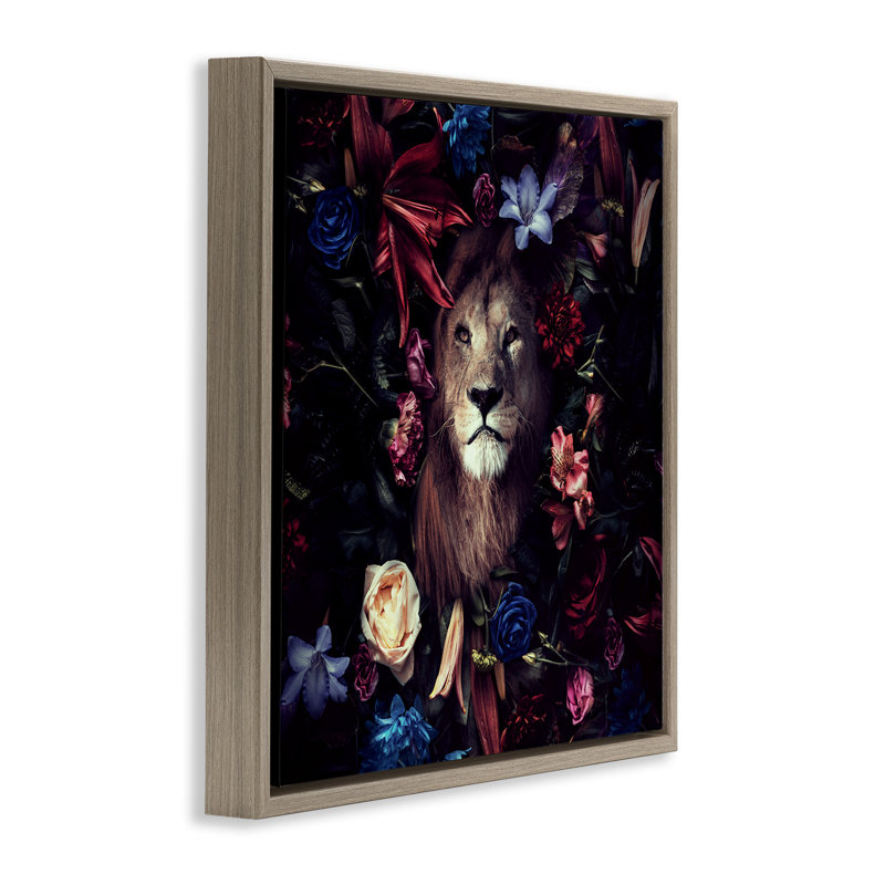 «Lion & Dark Blooms», art mural encadré flottant par Reinders, H 18 po x l 18 po, Cadre flottant orme Montalcino