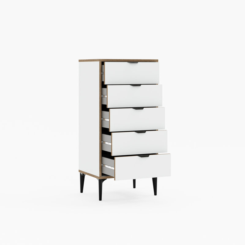 Grande commode pour femme 5 tiroirs avec bordures en bouleau exposées et poignées en métal noir, blanc