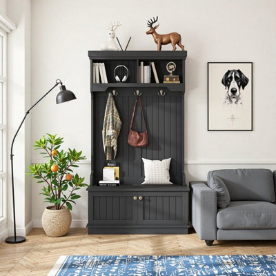 White 4-in-1 Hall Tree with Storage Shoe Bench, Coat Racks & Display Shelves for Entryway