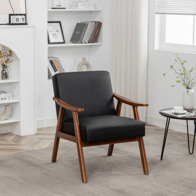 Chaise d'appoint avec revêtement en microfibre et structure en bois massif, mobilier de salon Mid-Century moderne classique pour sièges supplémentaires, polyuréthane / PVC noir