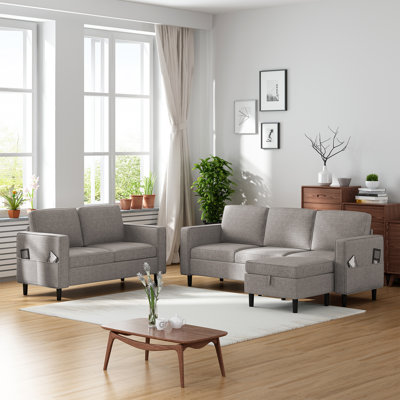 Ensemble de canapé modulaire en lin 3 + 2 avec repose-pieds et poches