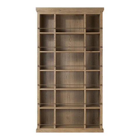 Wood bookcase with metal bar detail.