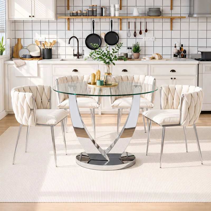 Table de salle à manger ronde en verre transparent de 99 cm (38,9 po) pour 2 à 4 personnes, de style moderne, idéale pour la cuisine, la salle à manger ou un appartement.
