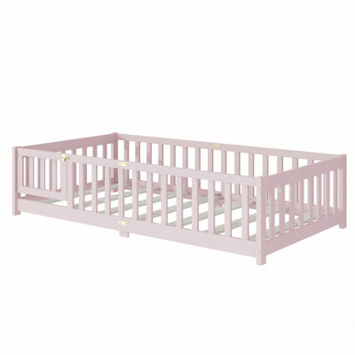 Floor Bed with Safety Guardrails and Door, Natural Rubber Wood for Kids' Comfort and Security