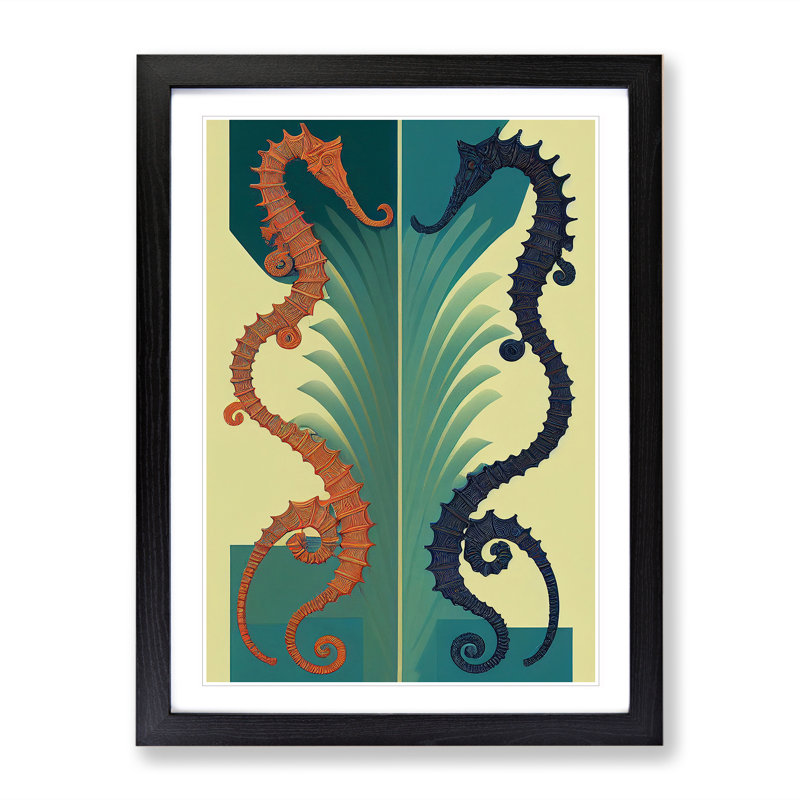 Two Seahorses - Wall Art, Black Picture Frame, 66cm H x 48cm W, White