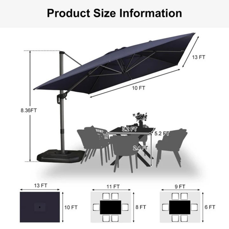 Parasol incurvé rectangulaire ajustable avec base Bennit, Gris