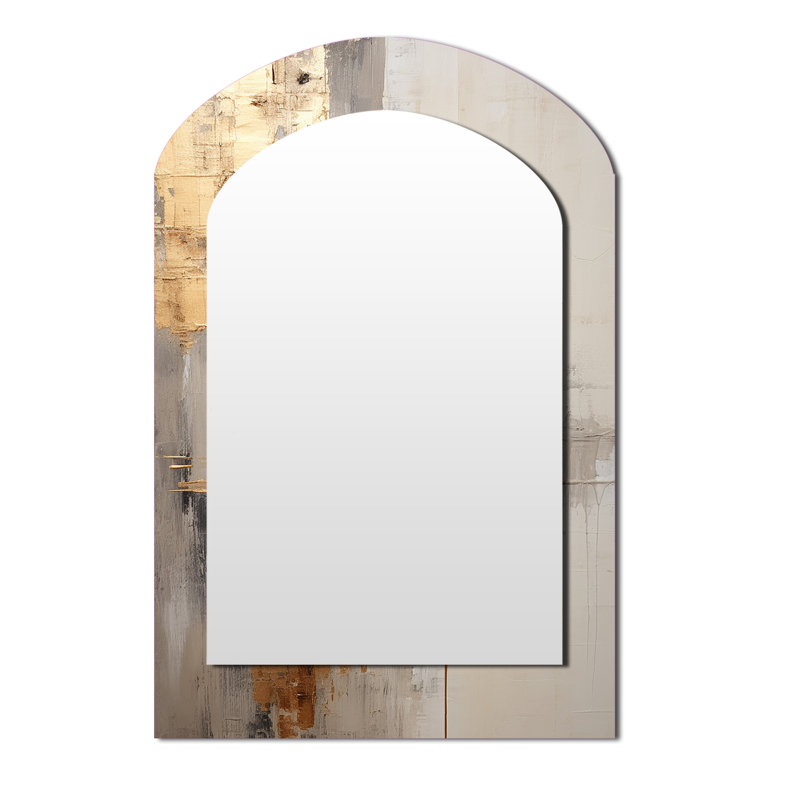 Or et beige Soft Fusion I - grand miroir asymétrique Pier, miroir mural décoratif en arche beige, impression d'art en métal