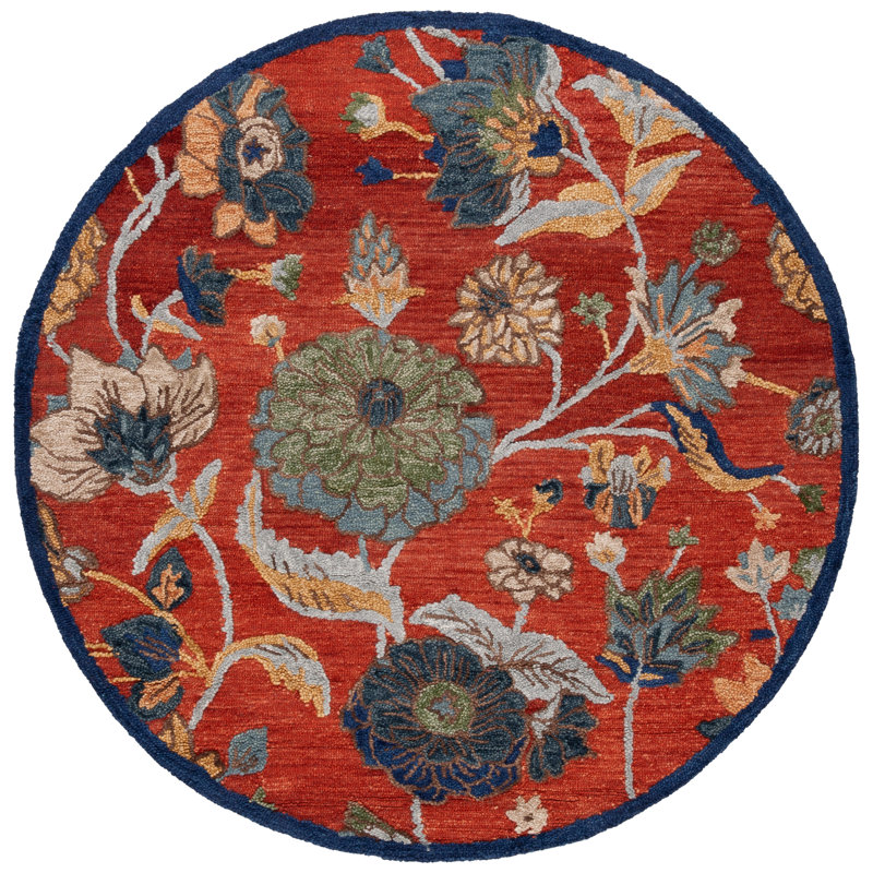 Daundra Wool Cotton Performance Floral Rug in Orange/Blue, Round 6'