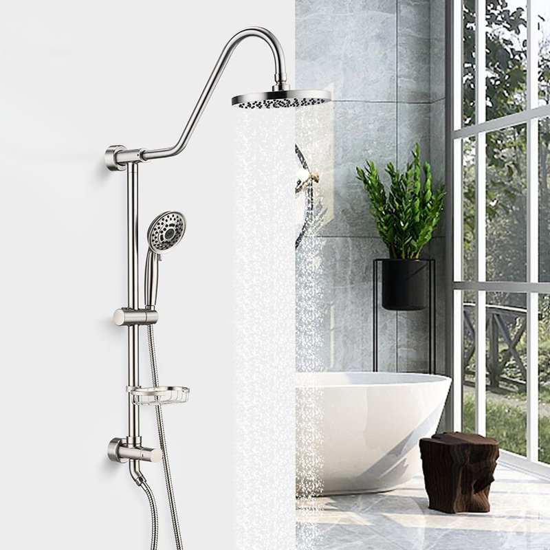 Douche avec pomme de douche à effet pluie et porte-savon à main en acier inoxydable à finition nickel brossé