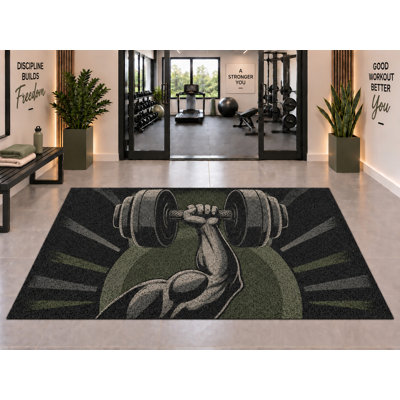 5’ x 7’ Outdoor Area Rug Dumbbell Weightlifting Arm Black Olive Green Cream Gym, Heavyweight Waterproof PVC Coil Loop Carpet, Quick Dry Indoor Outdoor Mat for Fitness Porch Deck Entryway.