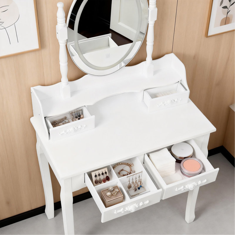 Bureau de coiffeuse blanc avec miroir, tabouret rembourré, 4 tiroirs, DEL, rangement spacieux, sièges confortables, matériau, structure stable, pieds de maquillage faciles à assembler, installation
