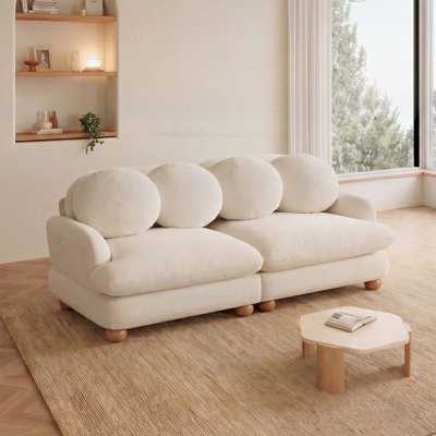 Comfy Chenille Loveseat Sofa, 2 Seater Deep Seat Couch with 4 Throw Pillows, Wood Frame for Living Room, Bedroom, Beige