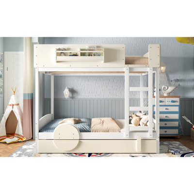 Full Bunk Bed with Trundle , Wood Bunk Bed Frame with Built-in Bookshelf and High-quality Safety Guardrail,Automobile Form Design for Kids ,White＆ Beige.