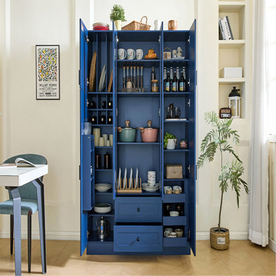 Grand garde-manger moderne avec 6 portes, armoire de rangement l 53,2 po x l 17,7 po avec tiroirs, tablettes réglables, plateaux coulissants et support à vin pour la salle à manger