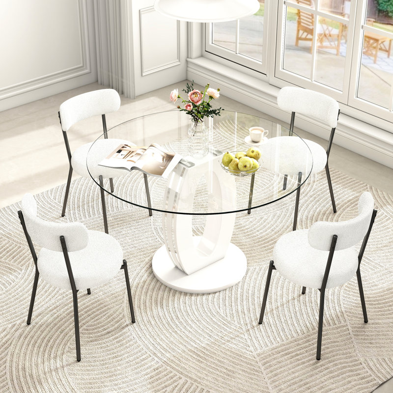 47''Round Glass Pedestal Dining Table Set for 4-6, White, Pink/White, 5