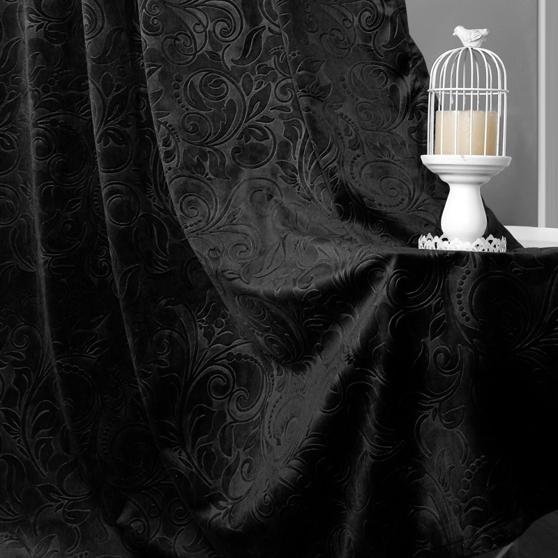Luxury Crushed Velvet Color Block Curtains Floral Damash Pattern Thicken Thermal Isolate Light Blocking Window Drapes, Black